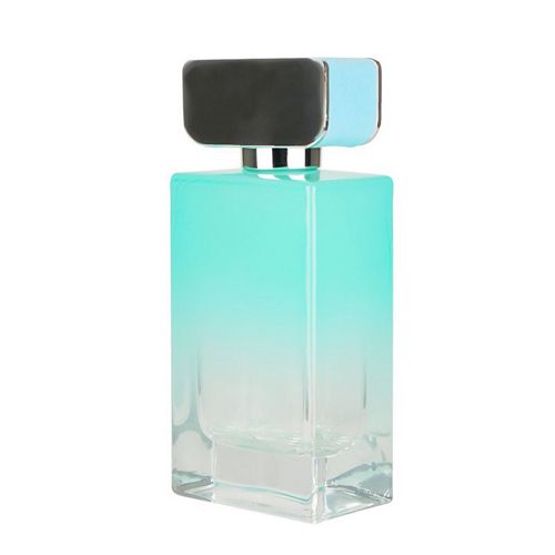 Flacon de parfum rectangulaire bleu et vert
